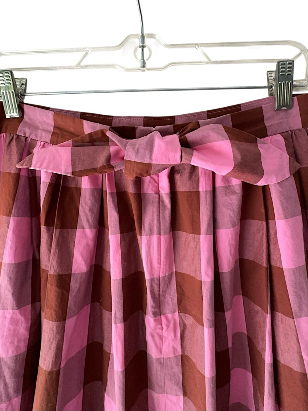 J CREW LARGE GINGHAM CHECK COTTON SKIRT PLEATS TIE BACK PINK & BURGUNDY SIZE 12 - Picture 7 of 9